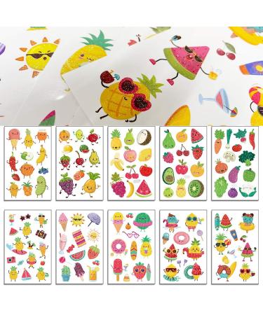 Flash Temporary Tattoo Stickers for Kids Glitter Fake Tattoos Cartoon Fruits Pattern Birthday Party Favors Supplies Face Arm Hands Back Decorations for Children Gift Solid