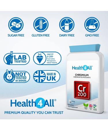 Chromium Picolinate 200mcg 120 Tablets for Normal Blood Sugar Levels | Vegan Formula by Health4All - 120 Count - Buy Online on GoSupps.com