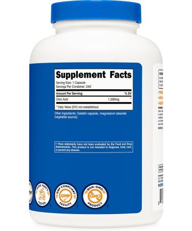 Nutricost Citric Acid 1000mg (1 Gram) 240 Capsules - Gluten-Free & Non-GMO - Buy Online on GoSupps.com
