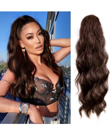 KETHBE Long Wavy Ponytail Extension for Black Women Synthetic Heat Resistant Drawstring Clip in Ponytail Hair Extensions (8#)