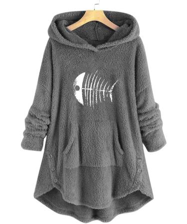 Bigfanshu Women's Sweaters Cartoon Embroidery Plus Size Warm Hooded Top Button Sweater Blouse Shirts Gray - Buy Online on GoSupps.com