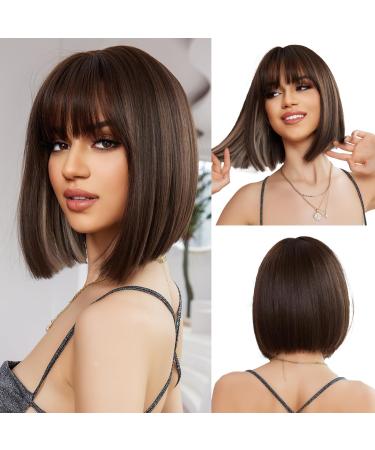 OUFEI Brown Bob with Highlight Inside Wig With Bangs Short Straight Wig For Women Synthetic Hair Wigs for Daily Party Cosplay Wear Brown Straight Bob