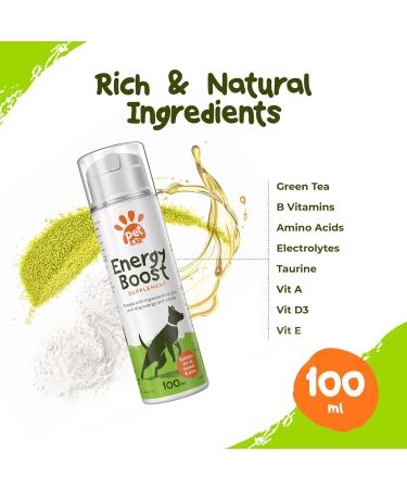 PetExx Energy Boost 100ml - Multivitamin Rehydration Immune Support Electrolyte Pet Supplement with Beta Glucans, Prebiotics, Amino Acids, Vitamins A E D3 & B12 - Green Tea Formula - Buy Online on GoSupps.com