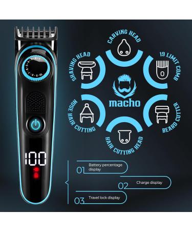 MACHO 5 in 1 Grooming Kit - Cordless Hair & Beard Trimmer Body Clipper Ear & Nose Trimmer Electric Razor with LED Display - Rechargeable Groomer in Black & Blue | International Shipping Available - Buy Online on GoSupps.com