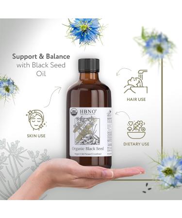 HBNO Organic Black Seed Oil 4 oz (120ml) - USDA Certified, Cold Pressed, 100% Pure Black Cumin Seed Oil for Face, Body, Hair - Organic Black Seed Oil for Shampoo & Condition - 4 Fl Oz - Buy Online on GoSupps.com