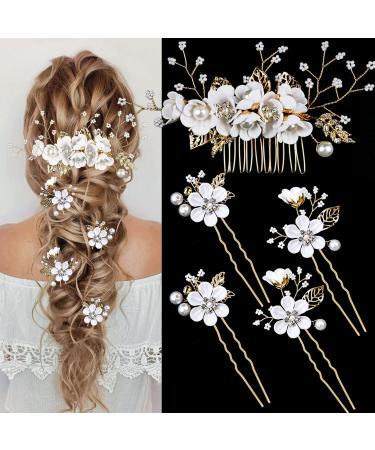5 Pieces Bridal Flower Wedding Hair Pins Crystal Pearl Hair Pins Clips Headpiece Gold Wedding Hair Accessories Jewelry with Rhinestone for Brides Bridesmaids Women Girls Updo (Pure White Flower) 5 Count (Pack of 1) Flour...