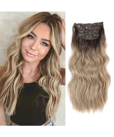 Clip in Hair Extensions 4Pcs Thick Full Head Ombre Dirty Blonde with Dark Root 20Inch Hair Extensions Clip in Curly Wavy Synthetic Hair Extension
