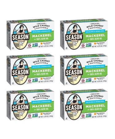 Season Skinless and Boneless Fillets of Mackerel in Olive Oil, 4.375-Ounce Tins (Pack of 6)