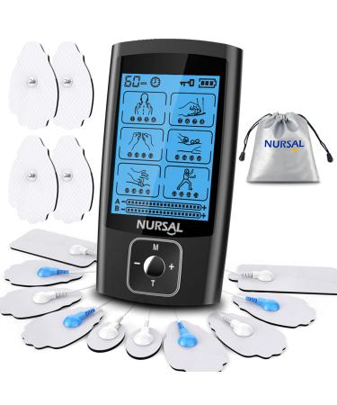 NURSAL Dual Channel EMS TENS Unit 24 Modes Muscle Stimulator for Pain Relief & Muscle Strength with 14 Pads, Rechargeable TENS Machine Pulse Massager with Storage Pouch/Pads Holder/Lanyard/Cable Ties