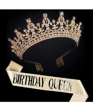 COCIDE Birthday Tiara and Crown for Women Birthday Sash for Girls Birthday Decorations Set Rhinestone Headband Crystal Hair Accessories for Party Hair Band Cake Toppers (Gold, Birthday Queen)