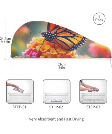 Butterfly on Lantana Flower Hair Towel 2 Pack - Super Absorbent Quick Dry Hair Turbans for Women & Girls - Buy Online on GoSupps.com