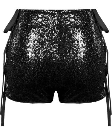 Duohropke Women's Metallic Hot Pants | Glitter High Waist Shorts for Dance Disco & Carnival - M 02 Black - Buy Online on GoSupps.com