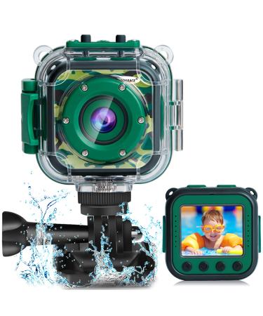 PROGRACE Kids Camera Waterproof Gift Toy - Children Digital Video Camera Underwater Camera for Kids 1080P Camcorder Toddler Sports Camera for Boys Birthday Learn Camera Pool Toys Age 3-14 Green