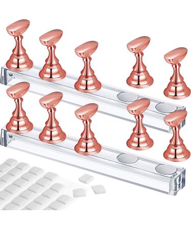 2 Set Acrylic Nail Design Practice Stands Magnetic Nails Holders Training Fingernail Display Stands DIY Nail Crystal Holders and 96 Pieces White Reusable Adhesive Putty (Metal Rose Gold)