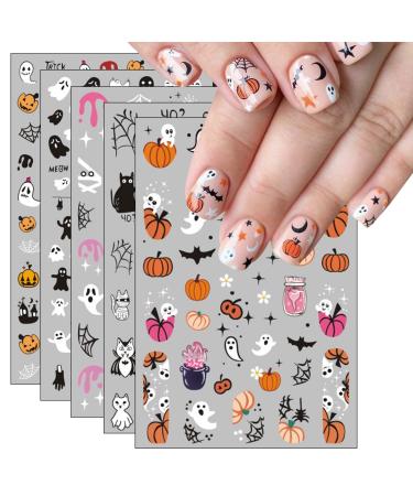 JMEOWIO 8 Sheets Cute Halloween Nail Art Stickers Decals Self-Adhesive Horror Skull Pumpkin Ghost Witchy Spider Web Bat Spook Nail Supplies Nail Art Design Decoration Accessories