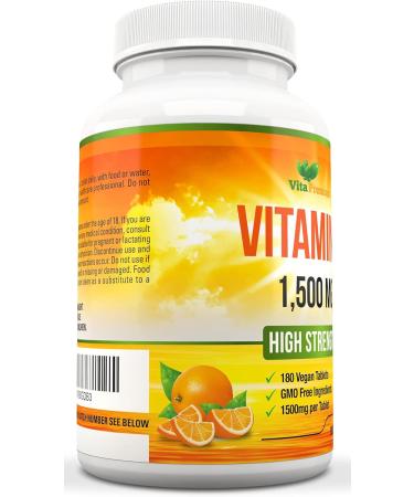 High Strength Vitamin C 1500mg - 180 Vegan Tablets, 6 Month Supply | Made in UK - Buy Online on GoSupps.com