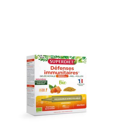 SUPERDIET - ROYAL JELLY 3000MG ORGANIC - Immune defenses Vitality - Patented formula - Portable format - 20 Single doses of 15 ml