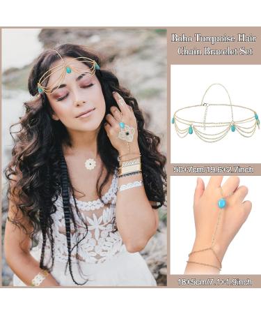 Kenning 10 Pcs Gold Boho Festival Jewelry Set - Hand Chain, Headpiece, Finger Ring, Bracelet, Headband for Women - Buy Online on GoSupps.com