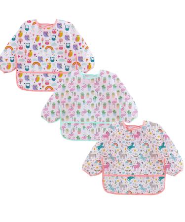 Yealoo 3 Pack Sleeved Bibs Waterproof Baby Bibs with Long Sleeves for 3-24 Months Unicorn/Owl/Flamingo