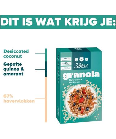 3Bears Granola Oat Crunch Crunchy & vegan granola with coconut flakes and cinnamon 4x325g Without industrial sugar In collaboration with Sarah Harrison Coconut cinnamon - Buy Online on GoSupps.com