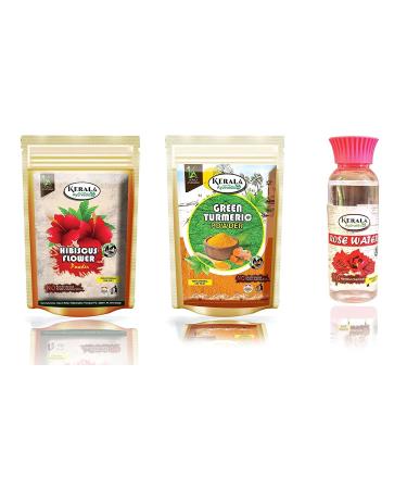 QURA QURA Ayurvedic Hibiscus Flower Powder for Hair Growth and Face | 100% Natural and Herbal | 100g + Natural Green Turmeric Powder/Pacha Manjal | Skin Care 100g + Rose Water 100ml