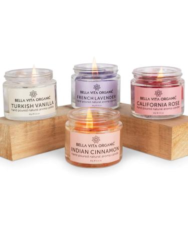 Bella Vita Organic Aroma Candles Set of 4 Scented Aromatic Fragrance of Vanilla Cinnamon Lavender & Rose for Gifting & Home 60 GMS Each Up to 15 Hours Burn Time