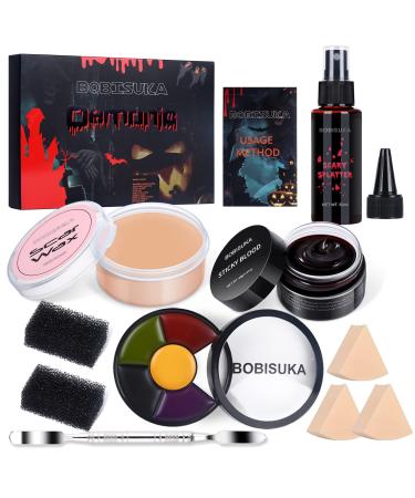 BOBISUKA Special Effects SFX Halloween Makeup Kit - 5 Colors Bruise Makeup Face Body Painting Palette + Scar Wax with Spatula Tool + Fake Blood Splatter Spray + Fake Blood Cream + Stipple Sponges 02