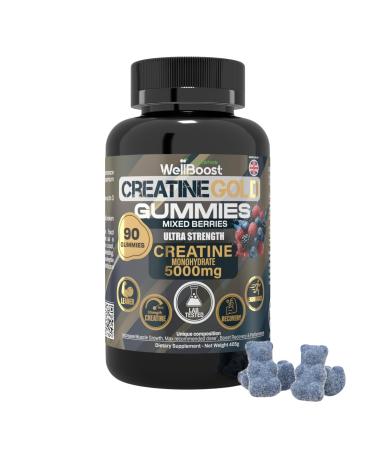WellBoost Creatine Gold 5000mg Creatine Monohydrate Vegan Sugar-Free Gummies for Lean Muscle Growth Endurance Recovery & Energy (1 Month Supply) with Mixed Berry Flavour.