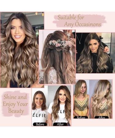 Invisible Wire Hair Extension Clip in Natural Wavy Synthetic Hair 20inch Ombre Caramelo with Dark Root - Adjustable Size, 2 Secure Clips - Long Curly Secret Hair Piece for Women - Buy Online on GoSupps.com