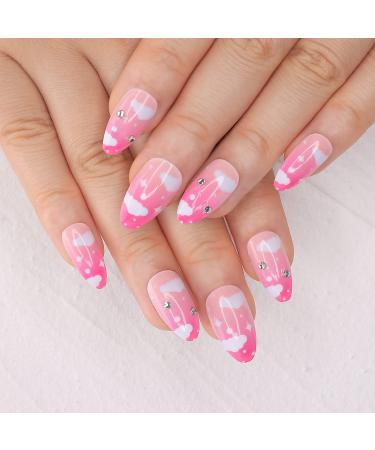 morily 24pcs Press on Nails Medium Length Almond Fake Nails Kit Long Ombre Pink Acrylic False Nails with White Cloud Design Crystal Artificial Glossy Stick on Nails Finger Manicure for Women and Girls pink cloud
