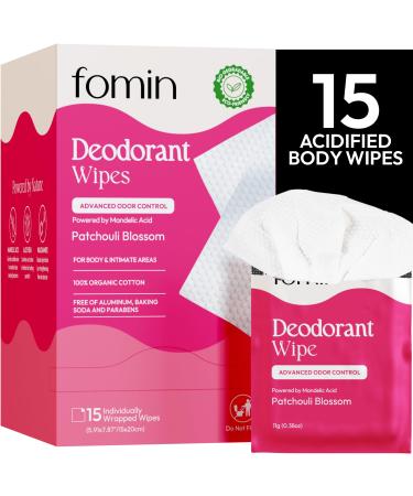 FOMIN Acidified Travel Deodorant Wipes For Women & Men - 15 Count - Patchouli Blossom - pH Balanced Mini Deodorant Travel Size Wipes - Plastic-Free Individually Wrapped Underarm Body Wipes Patchouli Blossom 15 Count (Pack of 1)