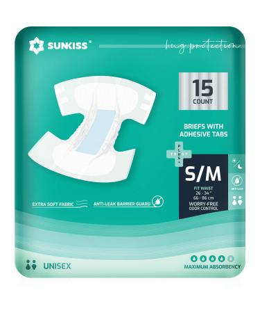 SUNKISS TrustPlus Adult Diapers with Maximum Absorbency, Disposable Incontinence Briefs with Tabs for Men and Women, Maximum Overnight Absorbency, Leak Protection, Small/Medium, 15 Count Small/Medium (Pack of 15)