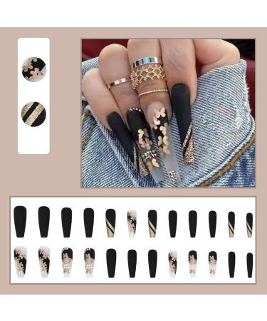 24 Pcs Long Press On Nails Set - Black Butterfly Design | Acrylic False Coffin French Ballerina Nails for Women and Girls - Buy Online on GoSupps.com