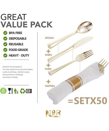 50 Pack Pre Rolled Gold Plastic Cutlery Set with 50 Forks, Knives, Spoons, Napkins - Disposable Set for Party and Wedding - Buy Online on GoSupps.com