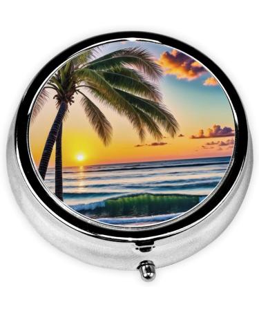 Beach Palm Trees Sunset Mini Round Pill Box | 3 Compartment Travel Pill Organizer | Portable Medicine Case for Home & Office - Buy Online on GoSupps.com