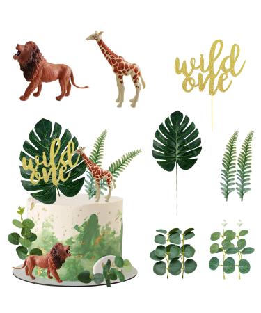 Realistic Safari Jungle Animals Cake Toppers with Plam Leaf Eucalyptus Leaves Cake Decorations for Wild Themed Birthday Baby Shower Party (Wild One)