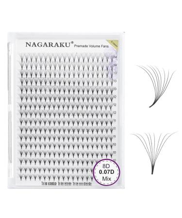 Nagaraku Volume eyelash extension prefabricated compartments 320pcs 8d 0.07mm thickness d curl 9-14mm narrow stem light tight premade fans eyelash extensions artificial eyelashes 16 rows 9-14mm mix 8d-07-D curl