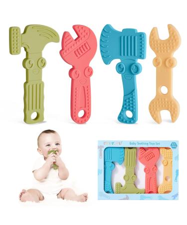 TYRY.HU Baby Teething Toys for Babies 0-6 Months 6-12 Months BPA Free Silicone Baby Molar Teether Chew Toys Hammer Wrench Spanner Pliers for Boys Girls Soft-Textured Easy to Hold & Clean 4 Packs Set A