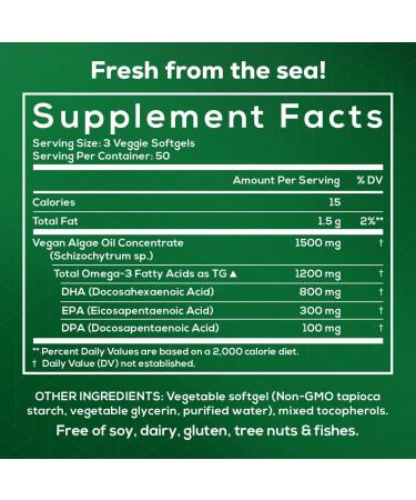 Fish Oil Alternative - Vegan Omega 3 Supplement Algae Oil DHA EPA DPA - Plant Based Omega 3 Fatty - Organic & Non-GMO - 150 Softgels - Buy Online on GoSupps.com