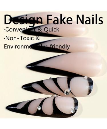 Buy MISUD Long Stiletto Press on Nails - Glossy Black French Tip Fake Nails with Rhinestones & Butterfly Design - 24 pcs Acrylic Nail Set - Fast International Shipping - Buy Online on GoSupps.com