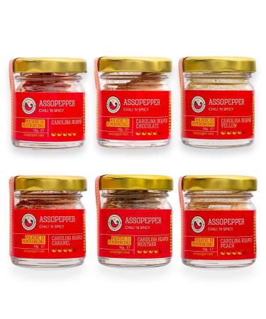Assopepper di Massimo Utro SIX PACK OF CAROLINA REAPER RED YELLOW CHOCOLATE CARAMEL PEACH AND MUSTARD 12g POWDER IN SUPERHOT POWDER