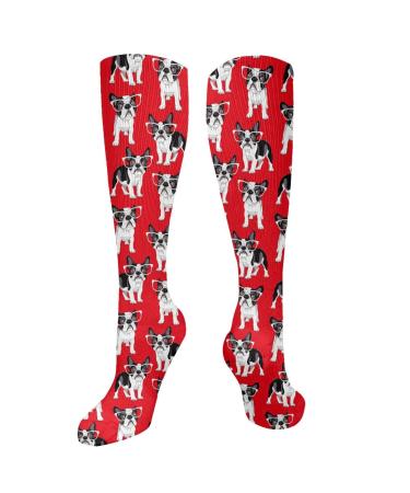 French bulldog glasses on a red background compression socks for women and men with a circulation of 15 20 mmHg are the best support for sporty running and cycling