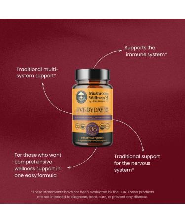 Mushroom Wellness Everyday 10: Organic 10-in-1 Mushroom Capsules with Lion's Mane, Shiitake, Reishi, Turkey Tail & More, Mushroom Powder Supplement, Immune & Nervous System Support, 90 Vegan Capsules - Buy Online on GoSupps.com