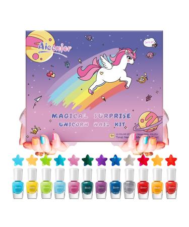 Aieenjor Kids Nail Polish Kit  12 Color Toddler Nail Polish Set Non Toxic Peel-Off Safe Water Based Low Odor for Girls Ages 5+ Gift for Makeovers and Birthday Zodiac Theme kid nail polish