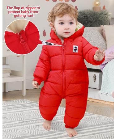 Hooded Baby Winter Romper Down Jacket | Boys Girls Snowsuit Coat | Warm Kids Bodysuit Outfit | Red 6-9 Months - Buy Online on GoSupps.com