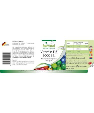 Fairvital | Vitamin D3 Highly dosed - 5000 IU - Cholecalciferol - Vitamin D3 in capsules - 180 Pcs - Buy Online on GoSupps.com