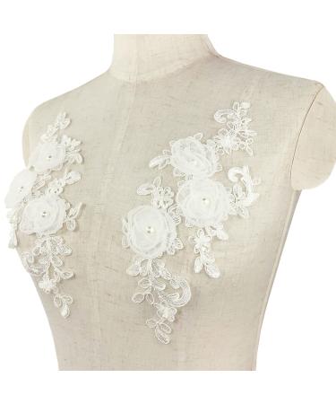 BETITETO Sew on Embroidered Lace Flower Appliques, 1 Pairs 3D Pearl Organza White Floral Embroidery Patches for Wedding Bridal Dress Gown Headpiece Clothing Bodice Craft DIY (White-Off)