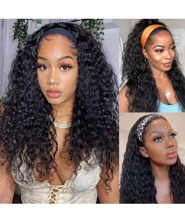 Headband Wig Human Hair Water Wave Headband Wigs for Black Women Virgin Hair Glueless Curly Wave Wet and Wavy Headband Wigs Human Hair 10A None Lace Front Wigs Easy to Wear Wig Natural Color 22inch 22 Inch headband wig w...