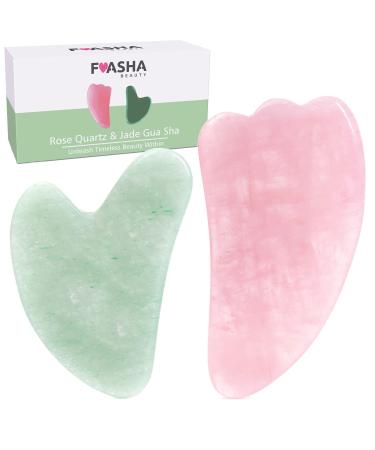Fuasha Gua Sha Facial Tools Premium 2-in-1 Jade & Rose Quartz Gua Sha Set - Lymphatic Drainage Scraping Massage Stone - Facial Tools Sculpting Pack - Guasha Tool for Face Rose Quartz & Jade