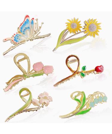 6Pcs Flower Hair Clips Flower Metal Claw Clip Large Butterfly Claw Clips for Thick Hair Summer Fun Hair Clips for Styling Hair Accessories for Women Strong Hold Hair Barrette Hair Jewelry Butterfly and flowers